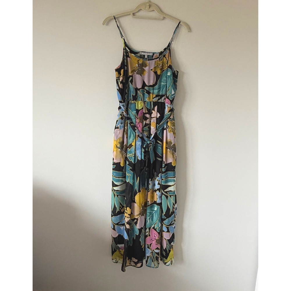 Daniel Rainn Floral Maxi Dress‎ Petite Small Black Teal Yellow Smocked Back NWT